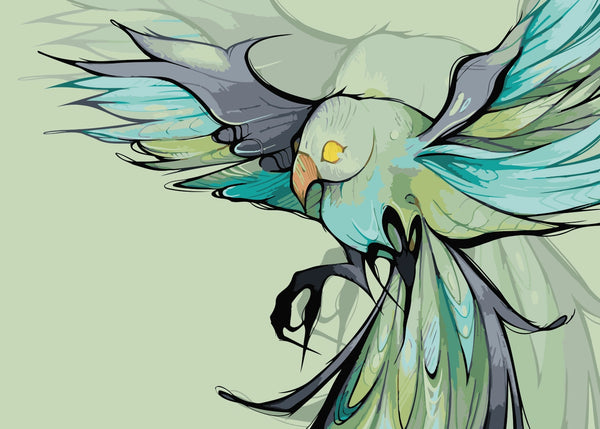 Stylized bird in flight with emerald, teal, and slate-colored feathers on a soft green background. Fantasy-inspired artwork by Kalinina.