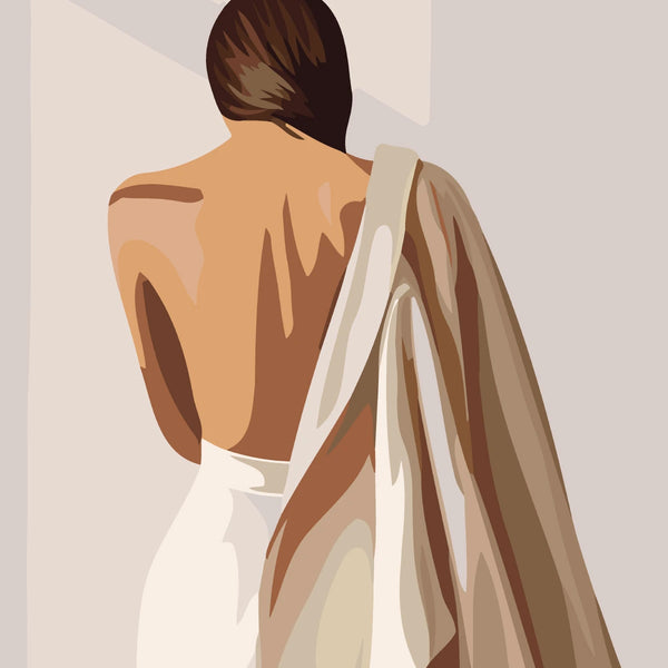 Minimalist painting of a woman with bare back and draped fabric