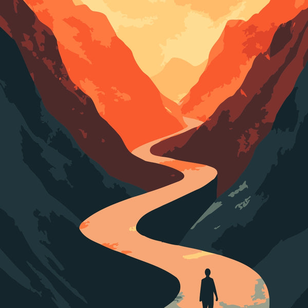 Endless Journey Paint by Numbers Kit featuring a winding path through vibrant orange mountains, symbolizing discovery and perseverance.