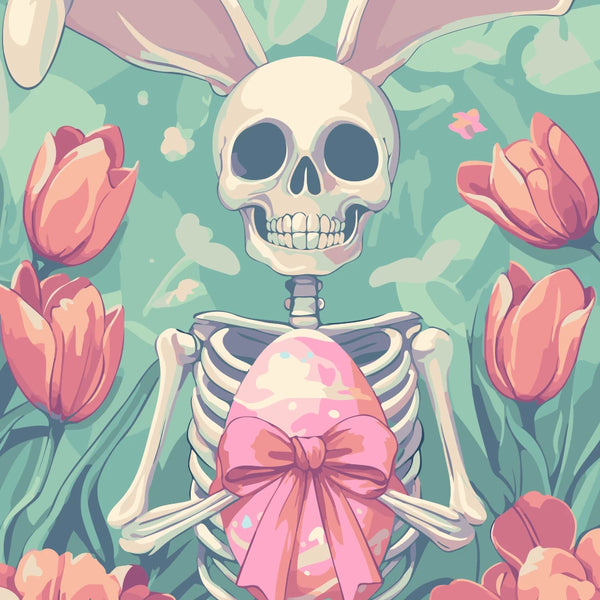 Eternal Easter Paint by Numbers Kit featuring a skeleton with bunny ears holding a pastel Easter egg, surrounded by pink tulips.