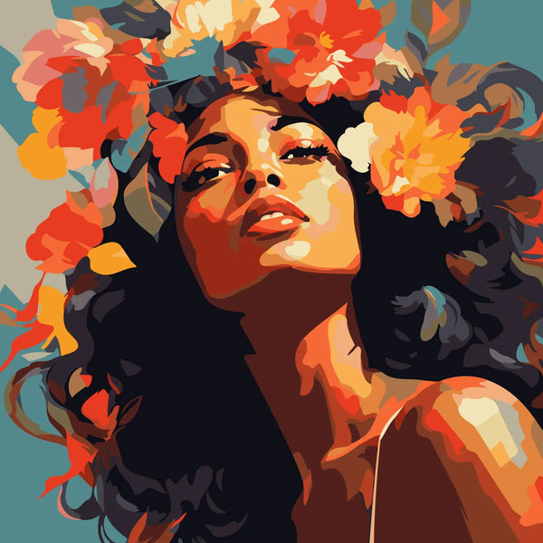 Woman with vibrant floral crown and expressive confident gaze