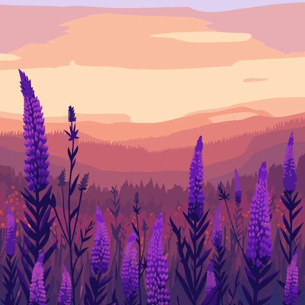 Purple wildflowers in a sunset-lit mountain landscape scenery