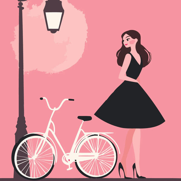 Elegant woman in black dress with bicycle under streetlight