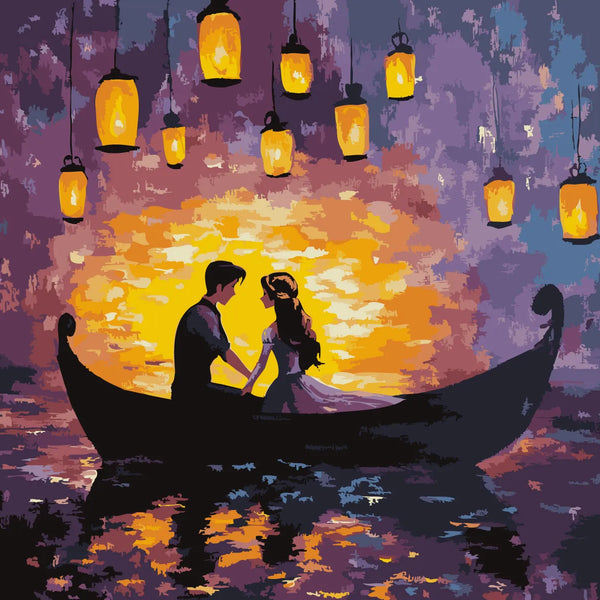 Romantic couple in a boat under glowing lanterns at sunset