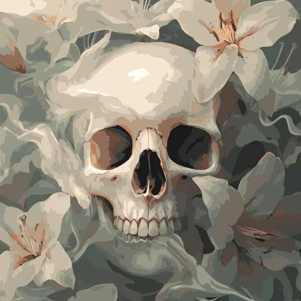 Skull surrounded by soft white lilies and ethereal mist, featured in the Fading Beauty paint by numbers kit.