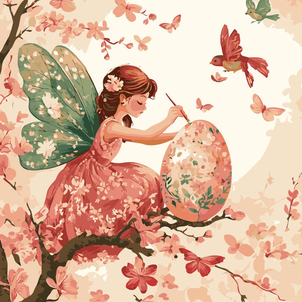 Fairy Painter Paint by Numbers Kit featuring a whimsical fairy painting an Easter egg on a cherry blossom tree, surrounded by butterflies and birds.