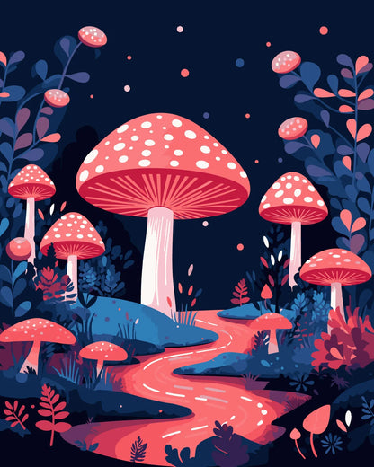 Fantasy landscape with glowing mushrooms, winding river, and night sky