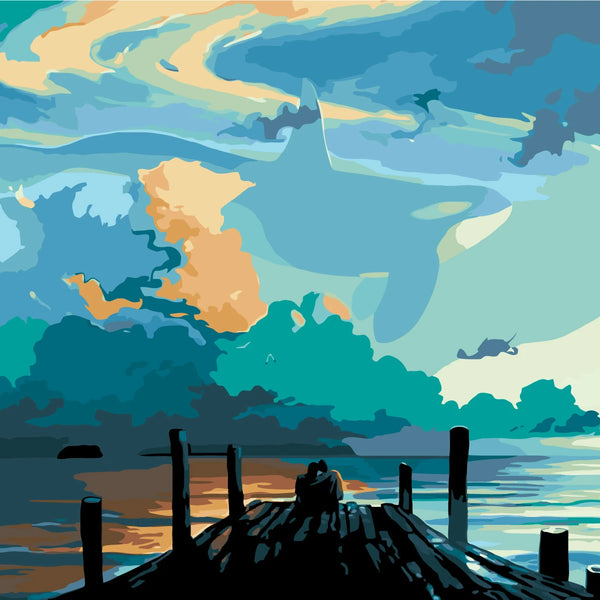 Surreal painting of a giant whale in the sky above water
