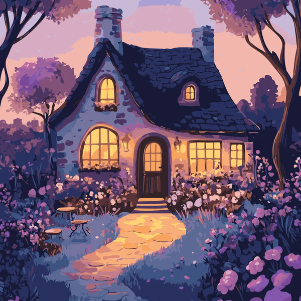 A charming stone cottage with glowing windows, surrounded by lush flowers and trees under a dreamy twilight sky, creating a magical and cozy atmosphere.