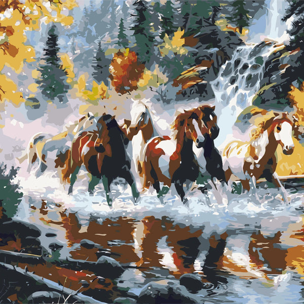 Wild horses galloping through a river with waterfall and autumn trees