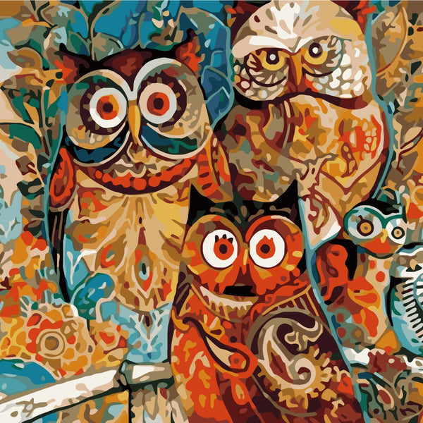 Colorful abstract painting of owls with intricate patterns and details