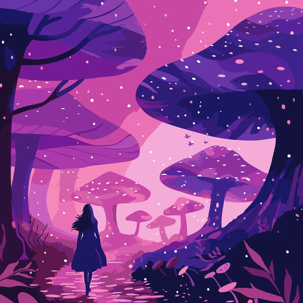 Mystical landscape with giant glowing mushrooms and a wandering figure