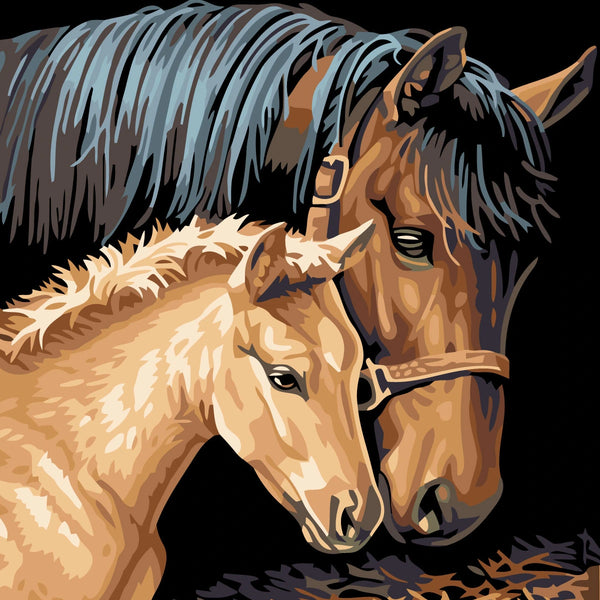 Tender moment between a father horse and his son foal