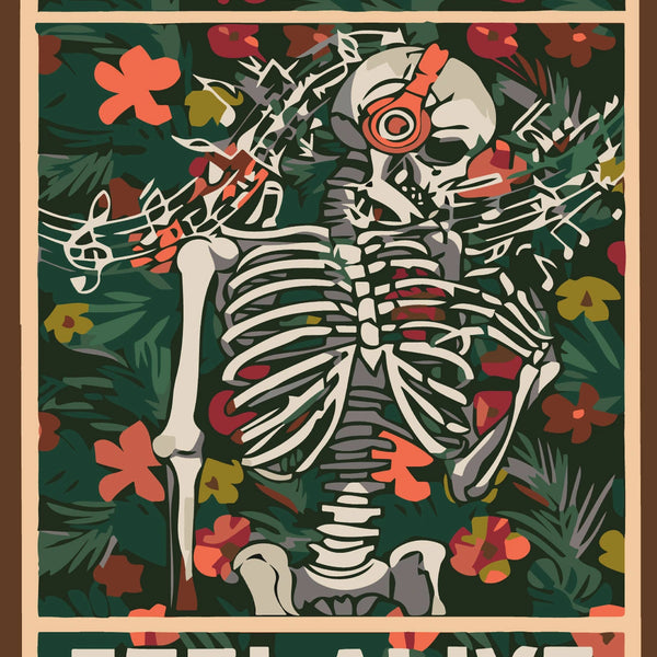 Skeleton wearing headphones with music notes and vibrant flowers