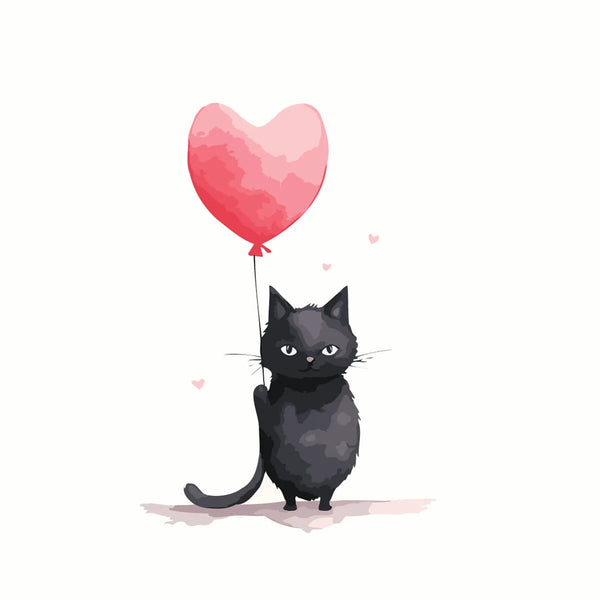 Cute black cat holding a heart-shaped balloon with love