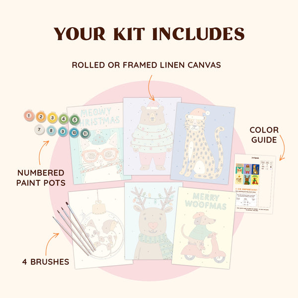 Artspark Festive Friends paint by numbers kit including brushes, numbered paints, and color guide — a charming DIY holiday activity featuring cats, dogs, bears, and reindeer in Christmas themes.