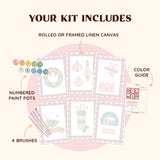 Artspark Festive Mail paint by numbers kit including brushes, paint pots, color guide, and six Christmas-themed canvases featuring cozy illustrations. A creative DIY gift idea for holiday season.
