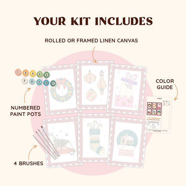 Artspark Festive Mail paint by numbers kit including brushes, paint pots, color guide, and six Christmas-themed canvases featuring cozy illustrations. A creative DIY gift idea for holiday season.