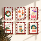 Completed Festive Mail paint by numbers mini canvases by Artspark featuring cheerful Christmas artwork with wreaths, ornaments, stockings, and pastel frames — ideal for festive wall decor or handmade gifts.