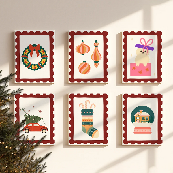 Completed Festive Mail paint by numbers mini canvases by Artspark featuring cheerful Christmas artwork with wreaths, ornaments, stockings, and pastel frames — ideal for festive wall decor or handmade gifts.