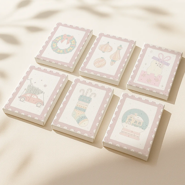 Festive Mail paint by numbers set of 6 mini canvases by Artspark showing pastel Christmas designs with stockings, ornaments, and gift boxes ready to paint. Perfect for holiday decor and DIY art lovers.