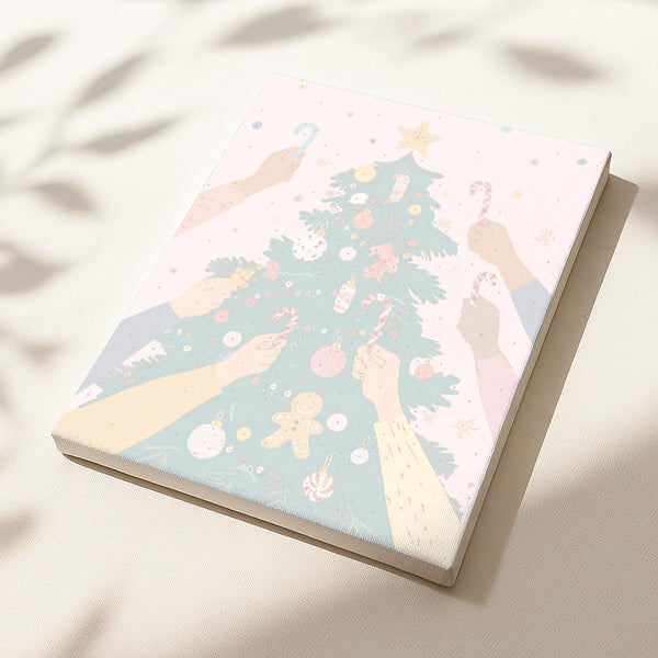 Festive Tree paint by numbers numbered canvas showing hands decorating a Christmas tree, ready to paint.