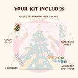 Festive Tree paint by numbers kit with pre-numbered canvas, color guide, reference sheet, brushes and paint pots.