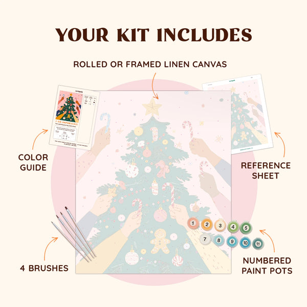 Festive Tree paint by numbers kit with pre-numbered canvas, color guide, reference sheet, brushes and paint pots.