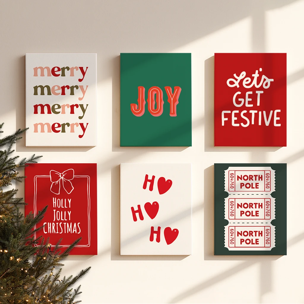 Completed Festive Vibe paint by numbers mini canvases by Artspark featuring joyful Christmas typography designs.