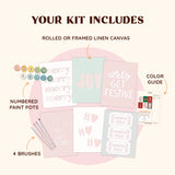 Artspark Festive Vibe paint by numbers kit contents showing brushes, numbered paint pots, canvases, and color guide.