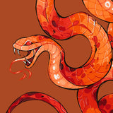 Illustration of a coiled, aggressive red-orange snake with fangs bared, on a deep terracotta background. Designed by Kalinina for the Fire Snake paint by numbers kit.