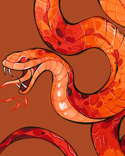 Illustration of a coiled, aggressive red-orange snake with fangs bared, on a deep terracotta background. Designed by Kalinina for the Fire Snake paint by numbers kit.