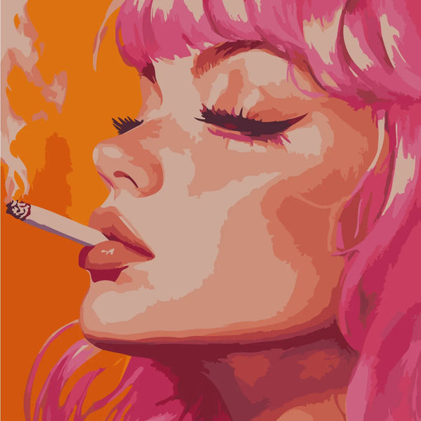 Close-up portrait of a woman with pink hair smoking