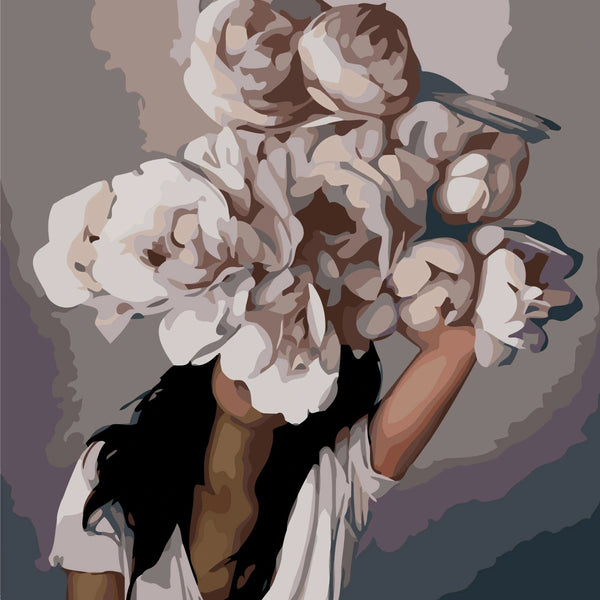 Surreal portrait of a woman with flowers and a bird