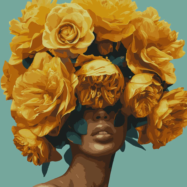 Abstract portrait of a woman with a vibrant yellow floral crown