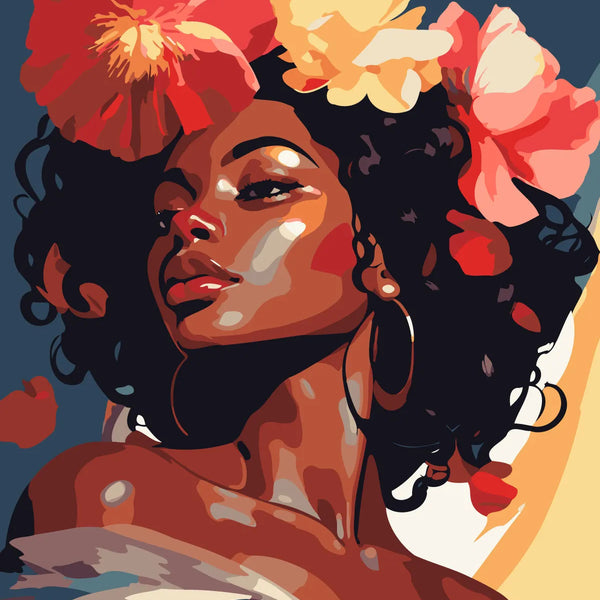 Stylized portrait of a woman with flowers in her hair