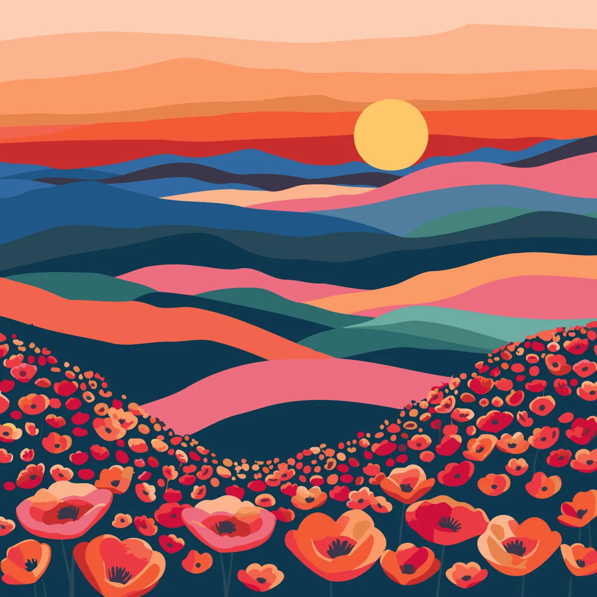 Colorful landscape painting of rolling hills with blooming red poppies