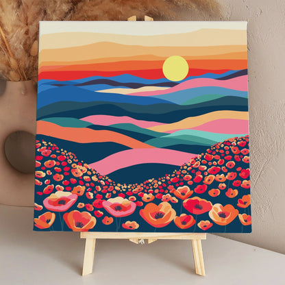 Colorful landscape painting of rolling hills with blooming red poppies