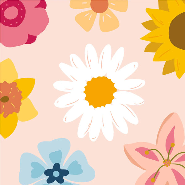 Minimalist floral painting featuring daisies sunflowers and colorful blossoms