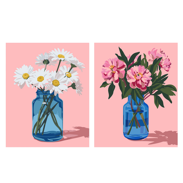Still life painting of daisies and peonies in blue glass jars