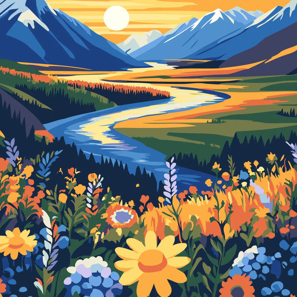 Vibrant landscape painting of wildflowers, river, and mountains at sunset