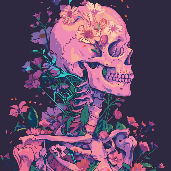 Vibrant skeleton painting with blooming flowers symbolizing life and death