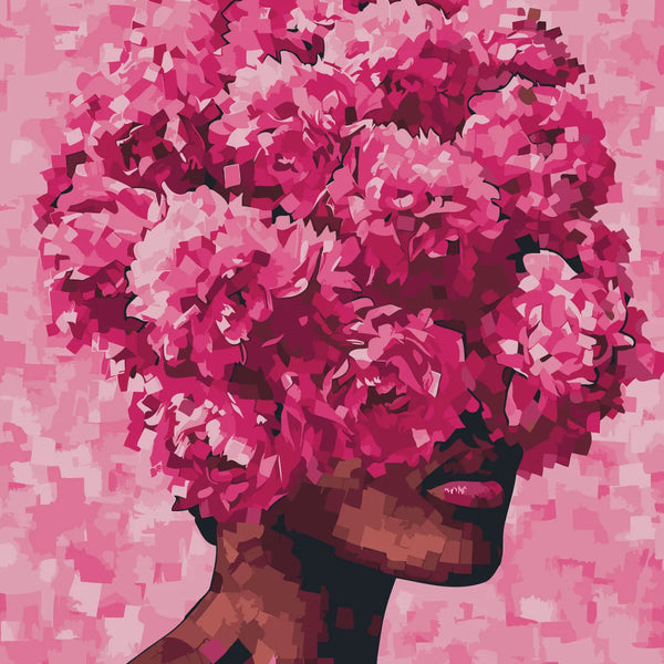 Abstract portrait of a woman with pink flowers covering eyes