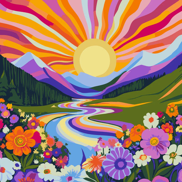 Vibrant landscape painting with colorful flowers mountains and radiant sunrise