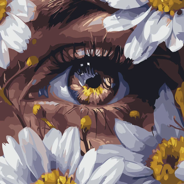 Realistic painting of a human eye surrounded by white daisies