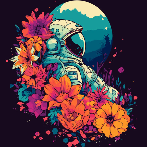 Astronaut surrounded by vibrant flowers under a glowing moon