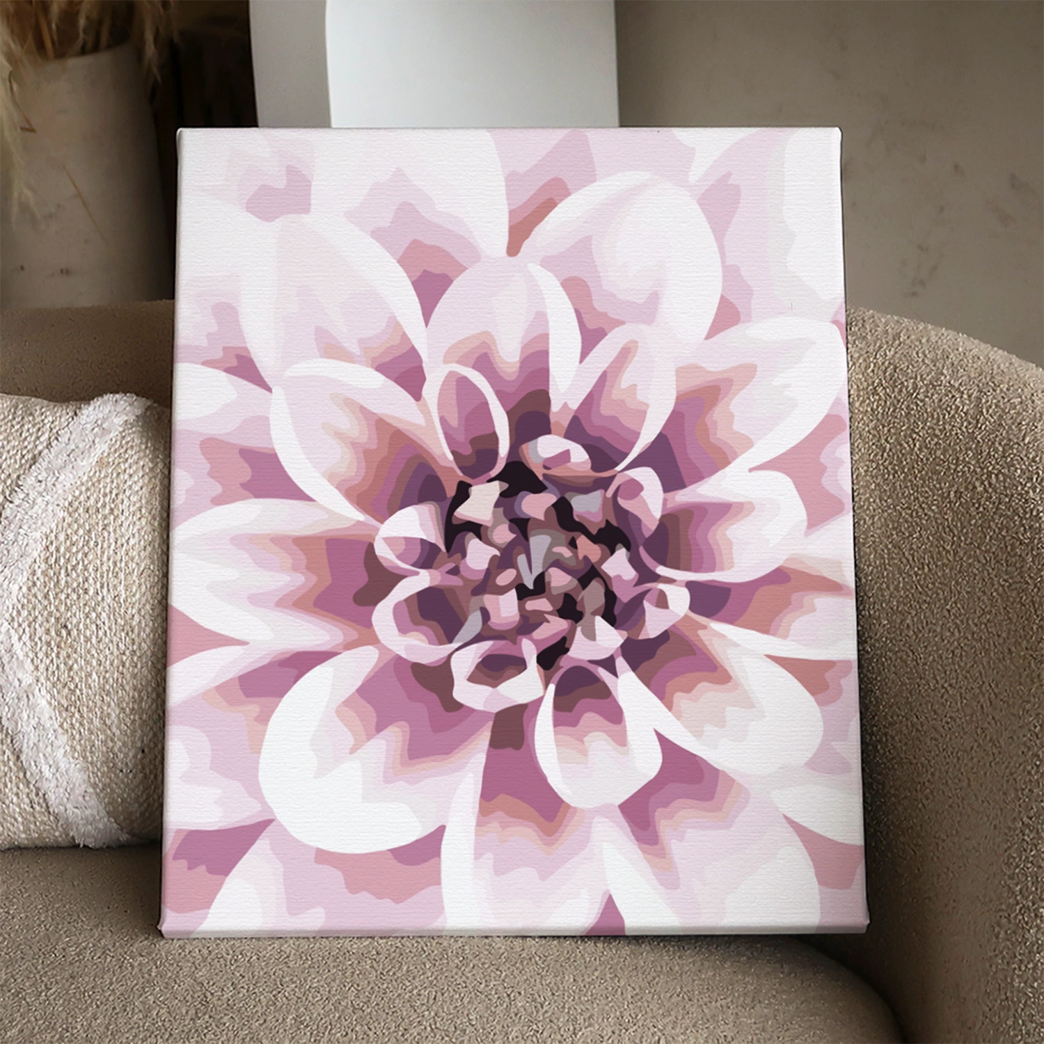 Close-up painting of a soft pink dahlia flower in bloom