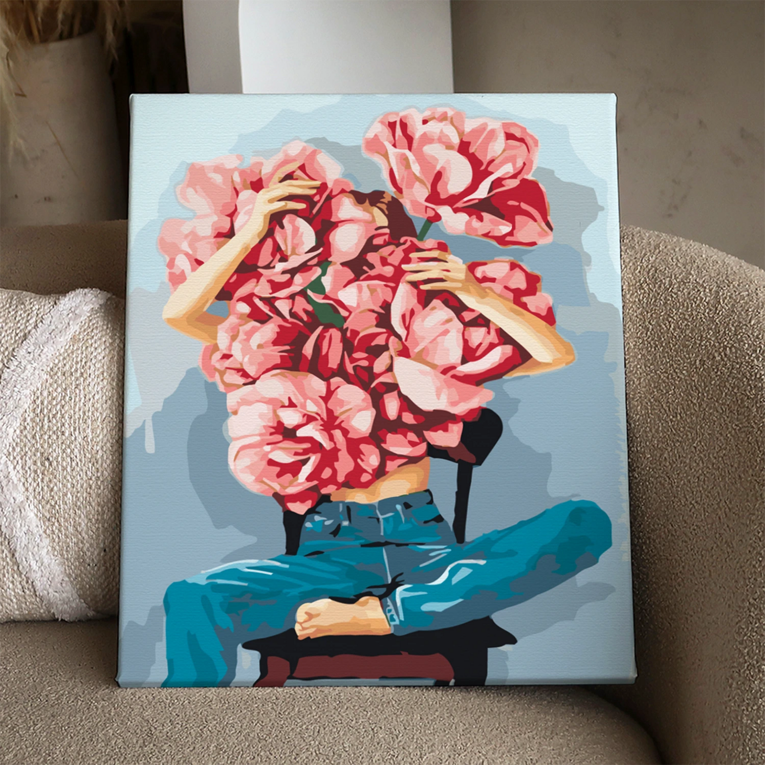 Surreal painting of a woman covered in large pink flowers