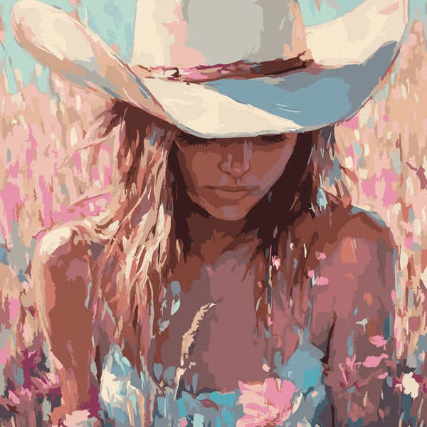 Cowgirl wearing a hat in a colorful wildflower field