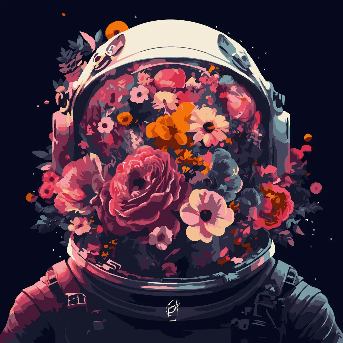 Surreal astronaut helmet filled with colorful blooming flowers in space